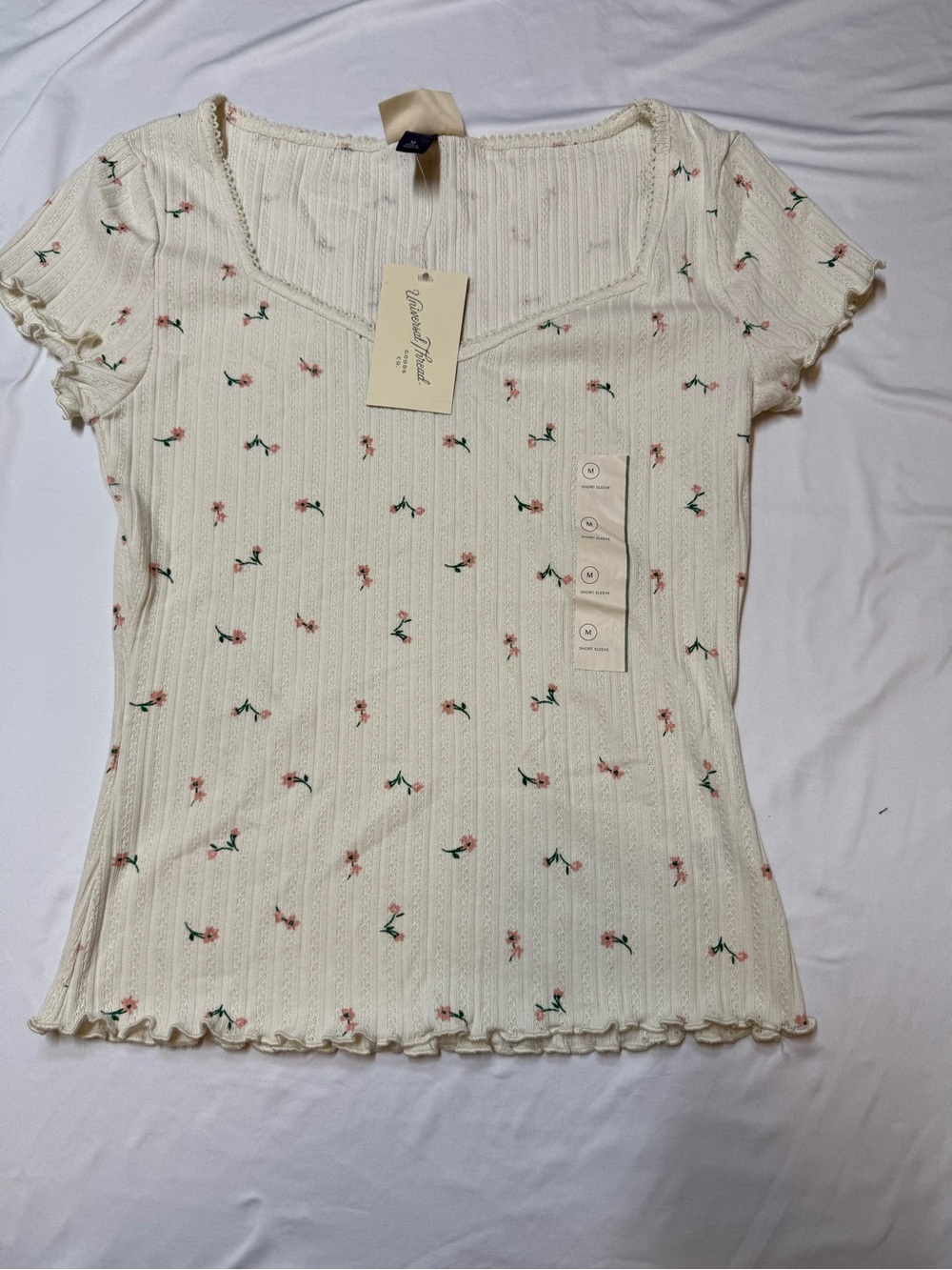Universal Thread Cream Ribbed Short-Sleeve Top with Pink Floral Print